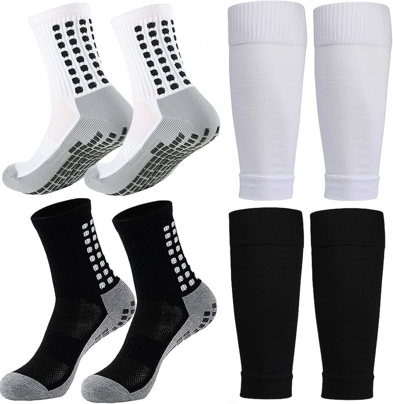 KMOLY 1 Set Kids Grip Soccer Socks and Shin Guard Sleeves for Age 7-14 Youth Boys Children Football Basketball Training - Image 1